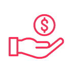 Red icon of a hand holding a coin with a dollar sign