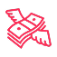 Red icon of money bills with wings on a white background