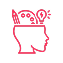 Red icon of a person with a pen, paint palette, and lightbulb coming out of the top of their head on a white background