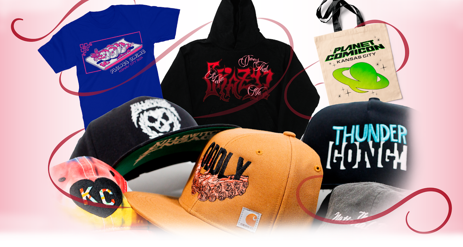Collection of various clothing items including t-shirts, hoodies, and caps on a pink background.