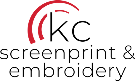 Logo of KC Screenprint & Embroidery with red and black design on a white background