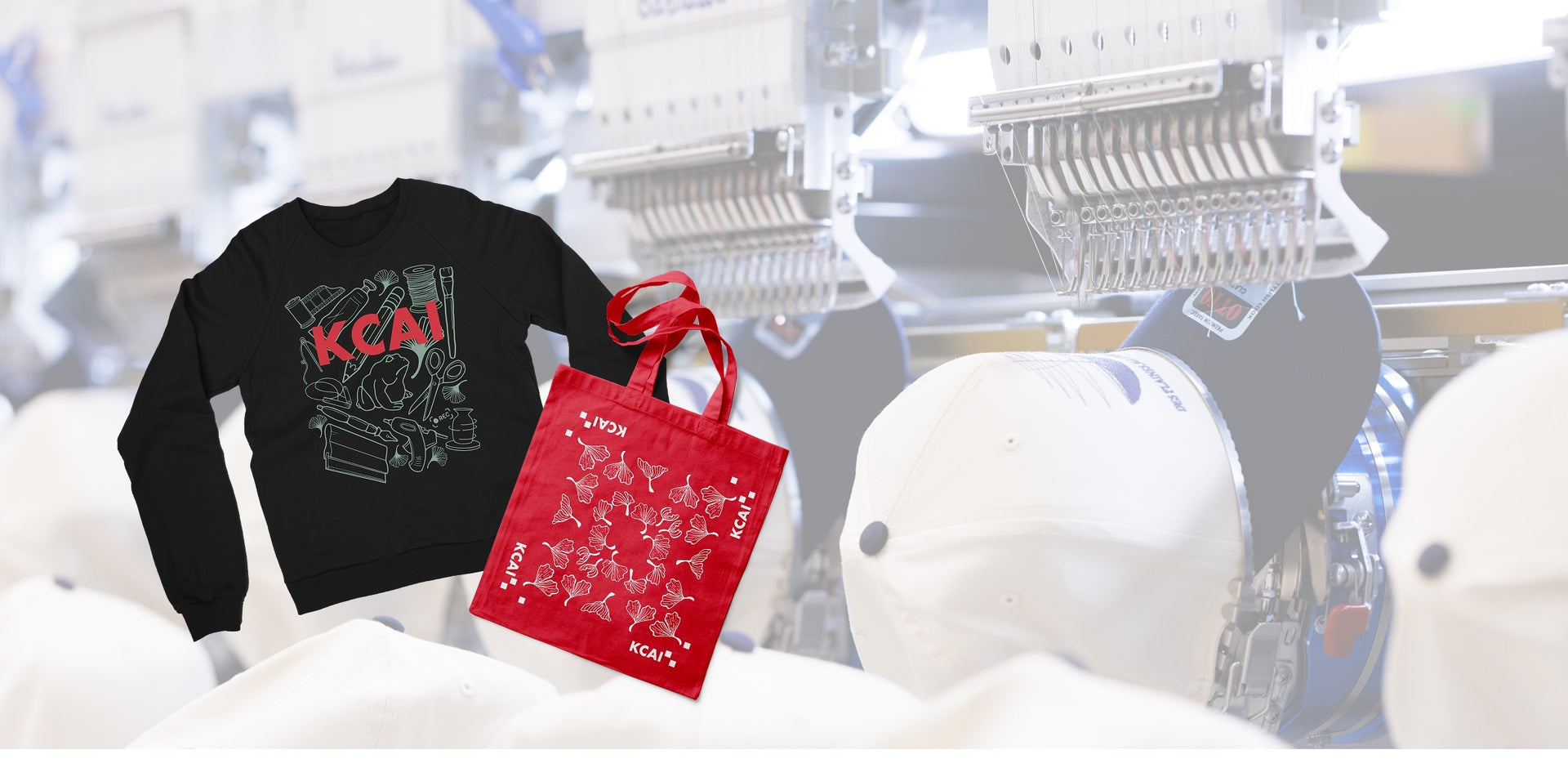 Banner image showing embroidery machine as a background and then a sweater and tote bag in the foreground